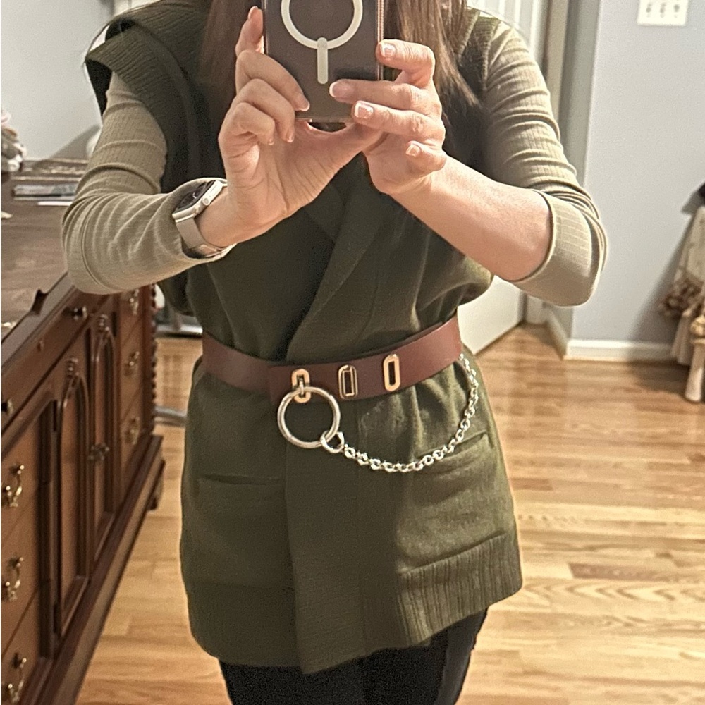 Brown Leather Belt with Silver Chain - Picture 2 of 4